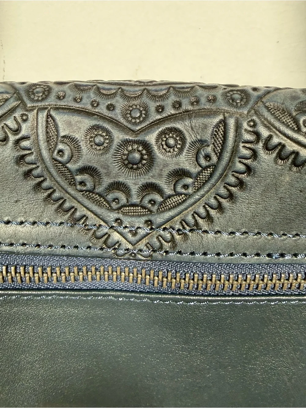 Montana West Navy Blue Genuine Leather Hand Tooled Mandala Fringe Crossbody Bag